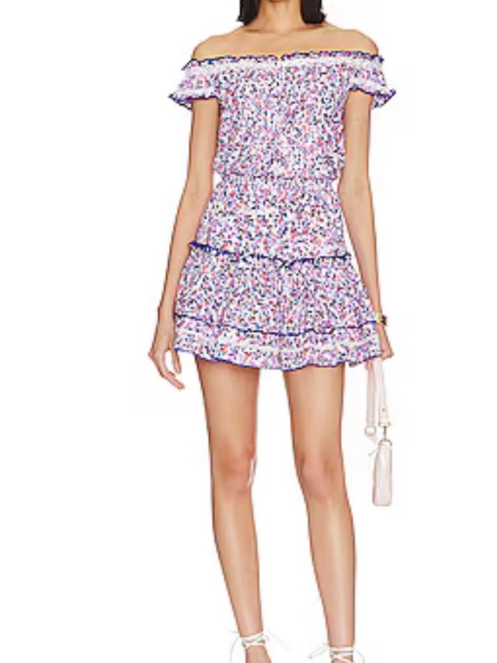 Poupette St Barth Off-the-Shoulder Floral Mini Dress in White and Pink